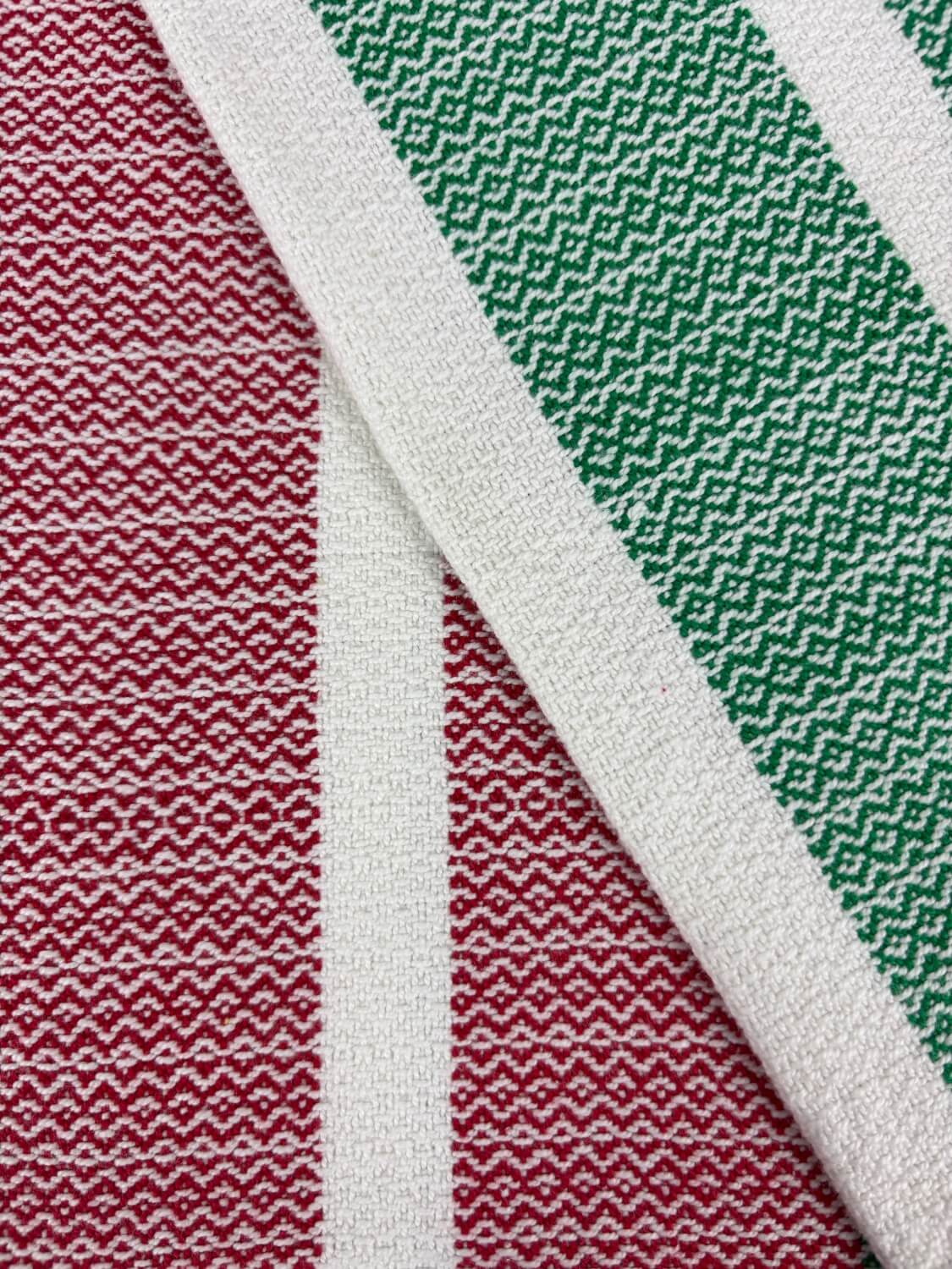 Close-up of fabric with red, white, and green patterns.