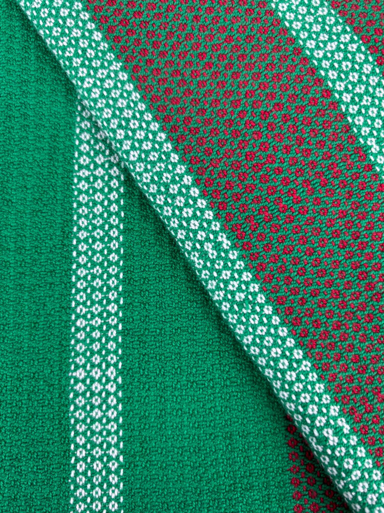 Close-up of fabric with green, red, and white pattern