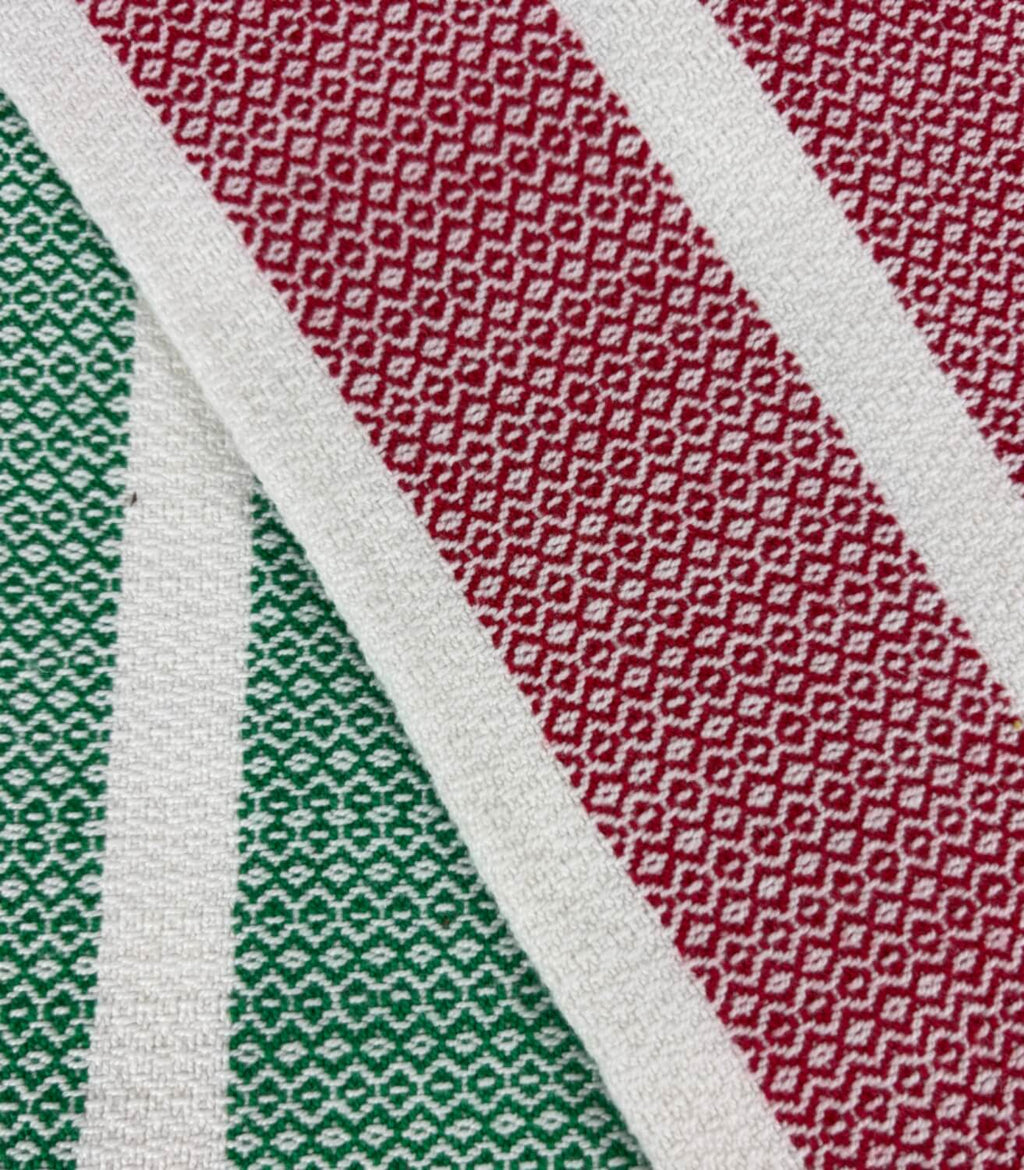 Close-up of fabric with red, green, and white pattern