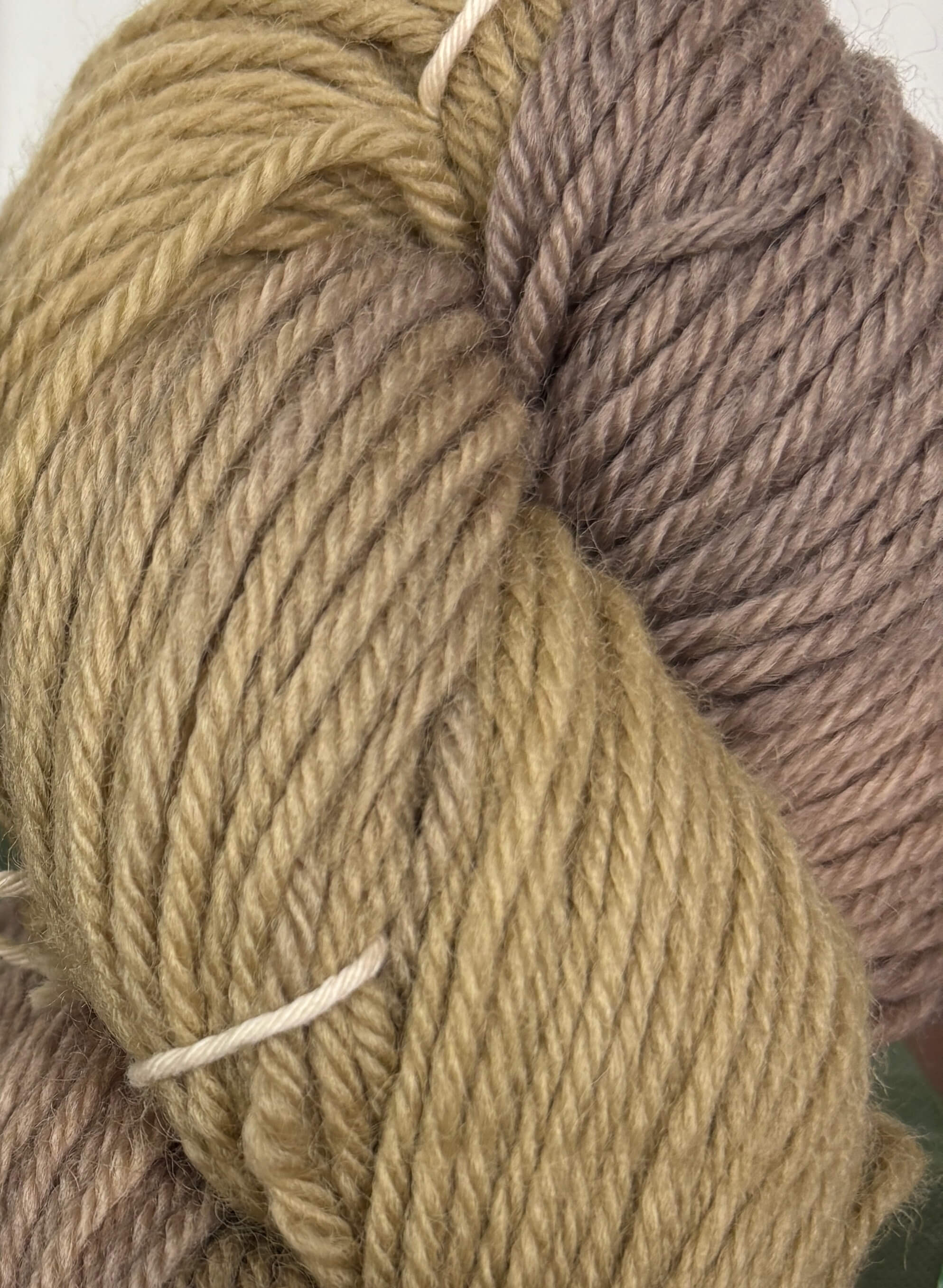 Close-up of skein of brown and beige yarn